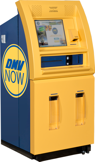 Yellow and blue California DMV Now self-service kiosk