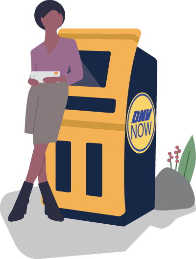 Illustration of lady leaning on DMV kiosk with registration